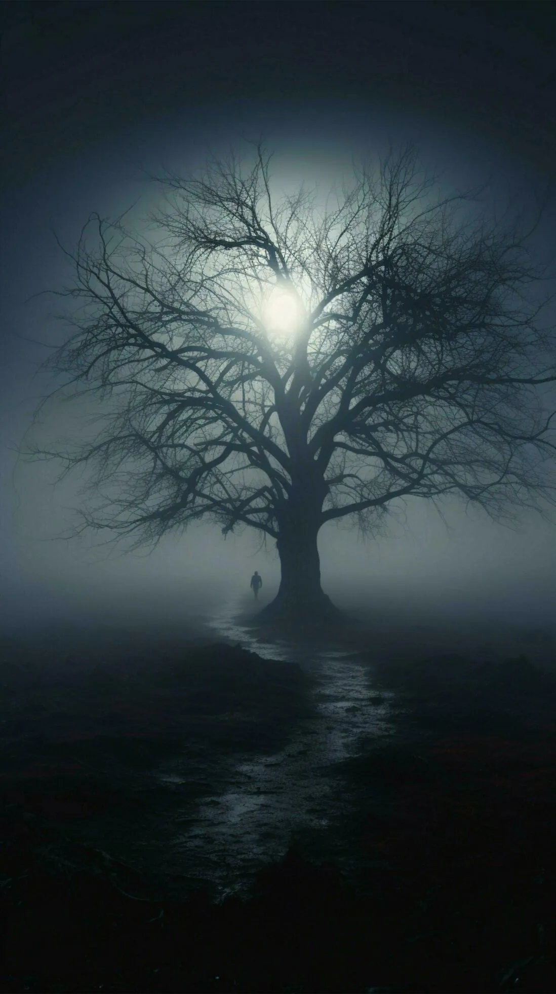 Moonlight burns through fog directly behind a leafless crown while a small figure waits under the boughs, a pale path curling up from the bottom edge.
