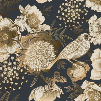 Floral & Birds Peel and Stick Wallpaper Black Gold Dark Self Adhesive Removable Floral