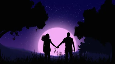 Purple Moon Behind a Couple in Silhouette HD Wallpaper