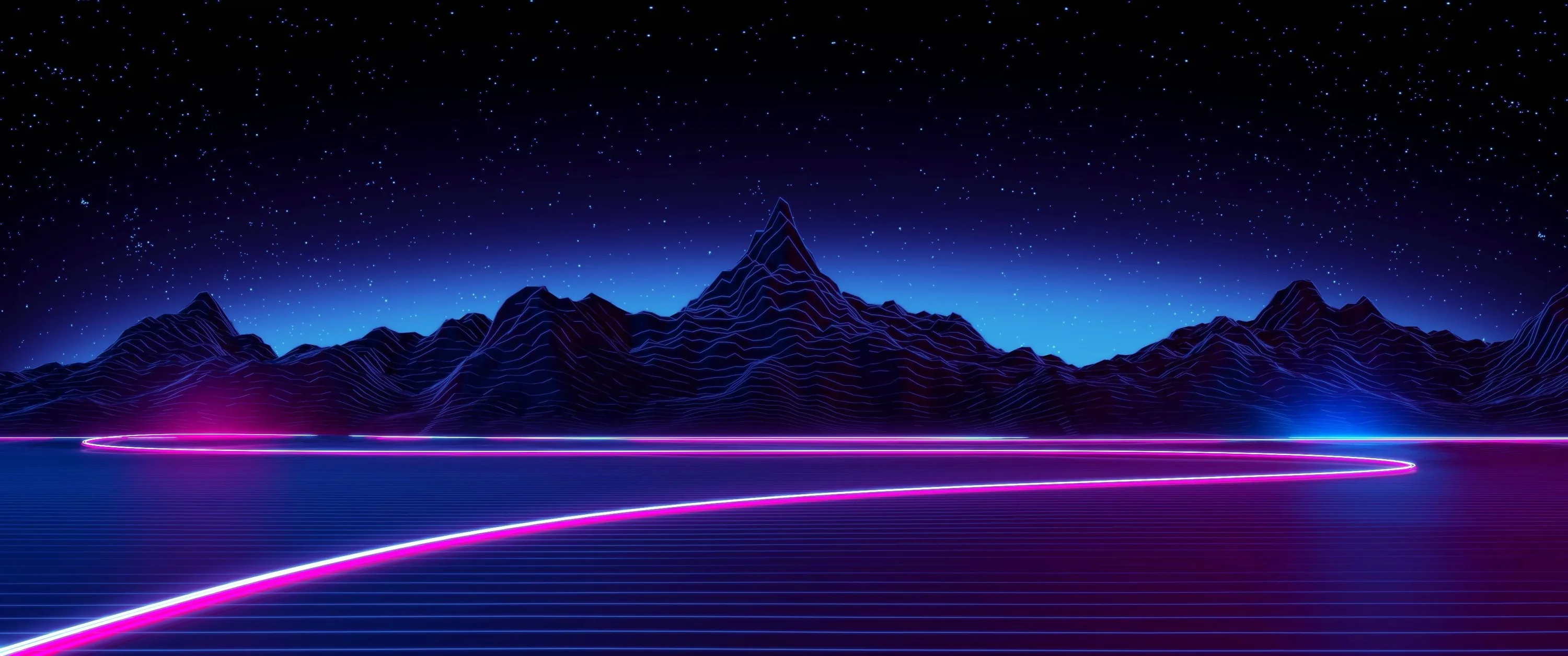 Pink and blue lines sweep across a black plain toward jagged mountains under a star field — wide enough for an ultrawide or dual-monitor stretch.