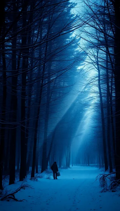 Snowy Forest Path in Blue Light HD Phone Wallpaper