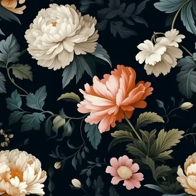 Painted Peony Pattern on Near-Black HD Wallpaper