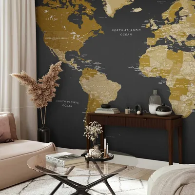 Photo Wallpaper World map illustration of continents in brown on black background