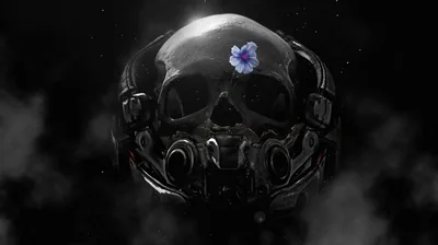 Armoured Skull with a Small Blue Flower HD Wallpaper