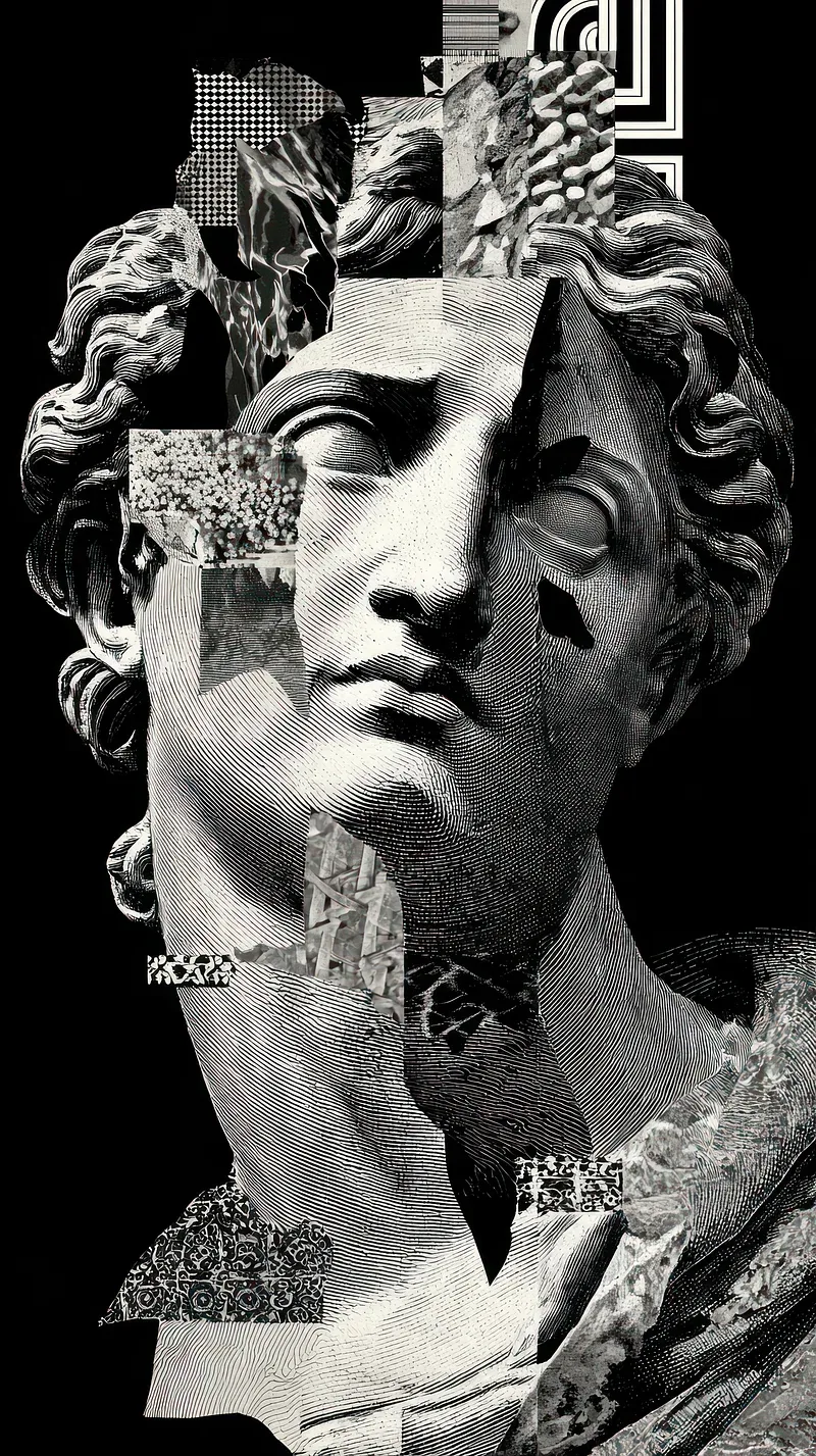 A classical marble bust is cut apart and layered with glitch strips and pattern swatches, the curls of the hair still crisp in monochrome.