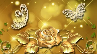 Golden Rose with Jewelled Butterflies HD Wallpaper