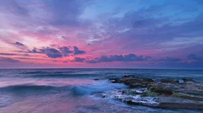 Purple Dusk Over a Rocky Shore HD Wallpaper