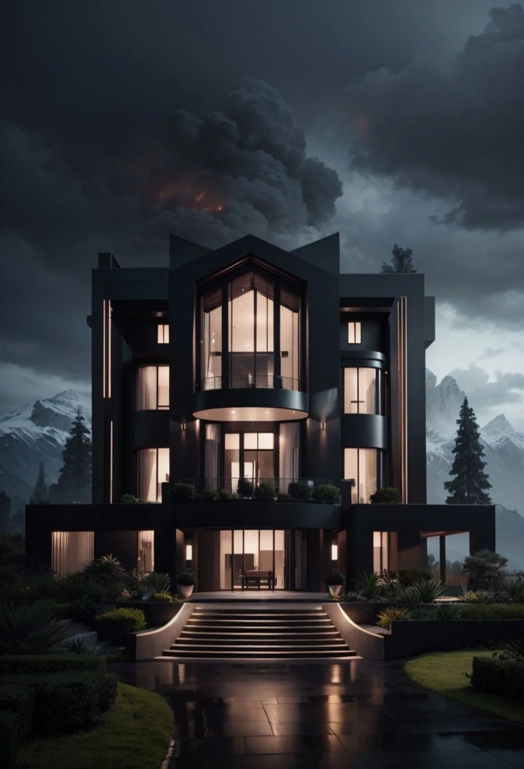 Dark mansion in foggy mountains