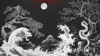 Dragon and Waves in Ink HD Wallpaper