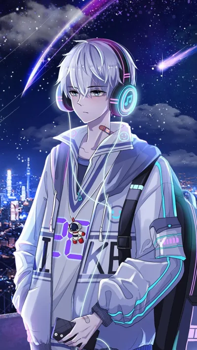 Anime Boy in a City Night Sky HD Phone Wallpaper