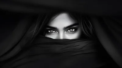 beautiful girl eyes covering with black cloth standing in black