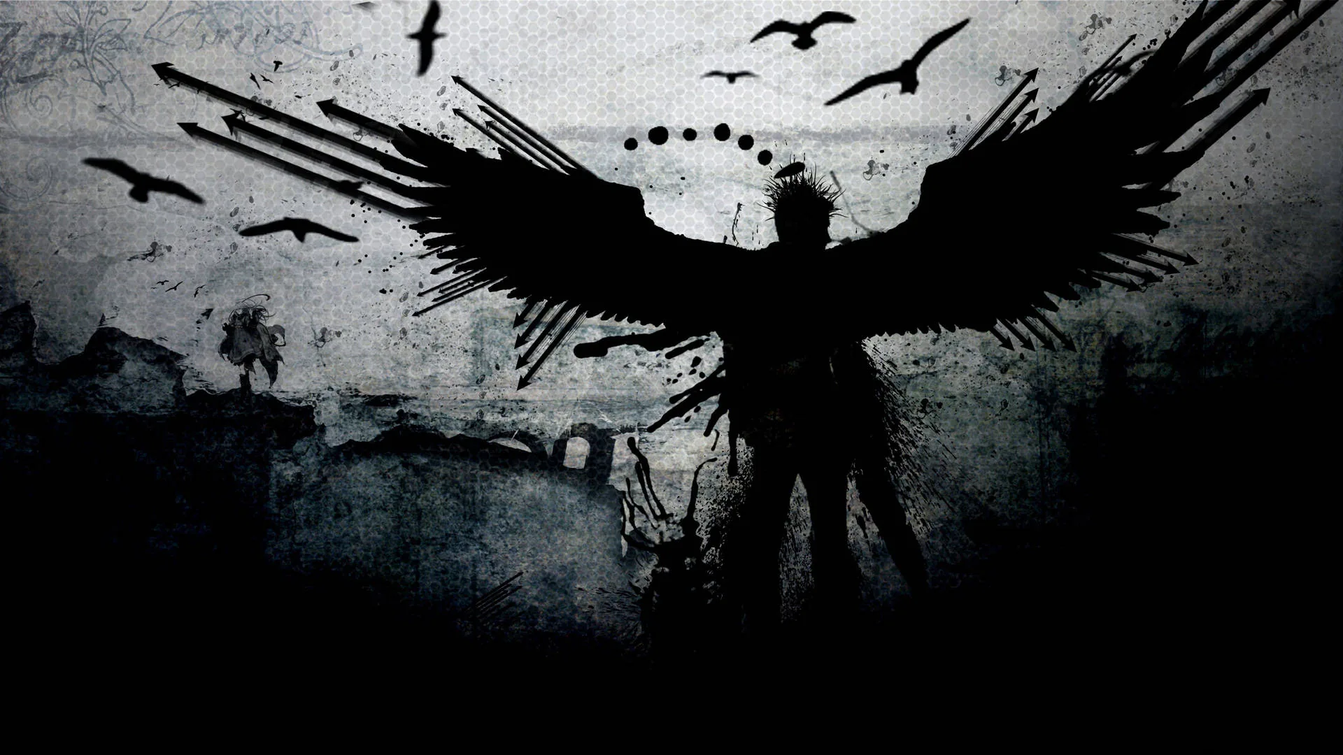 A dark winged silhouette stands against a scratched grey sky with crows circling above the ruins behind it.