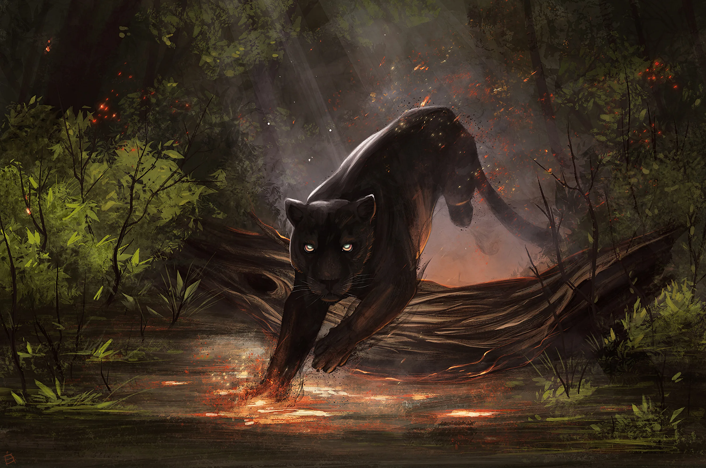 Painted panther mid-stride through shallow water, embers drifting up from the ripples and smoke hanging low in the trees.