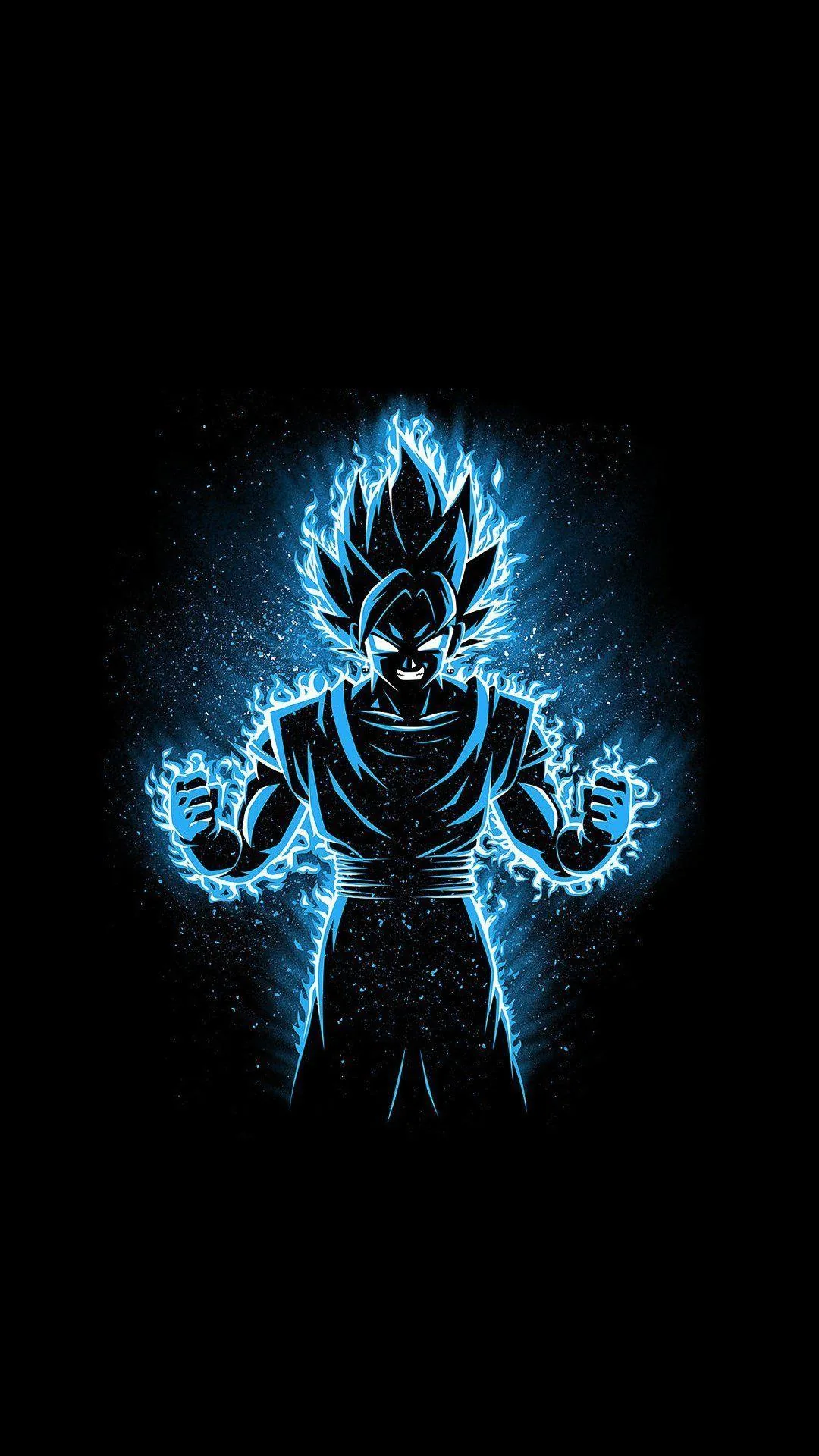 A muscular figure stands with fists clenched, outlined in electric blue energy and flame-shaped hair against a black background.