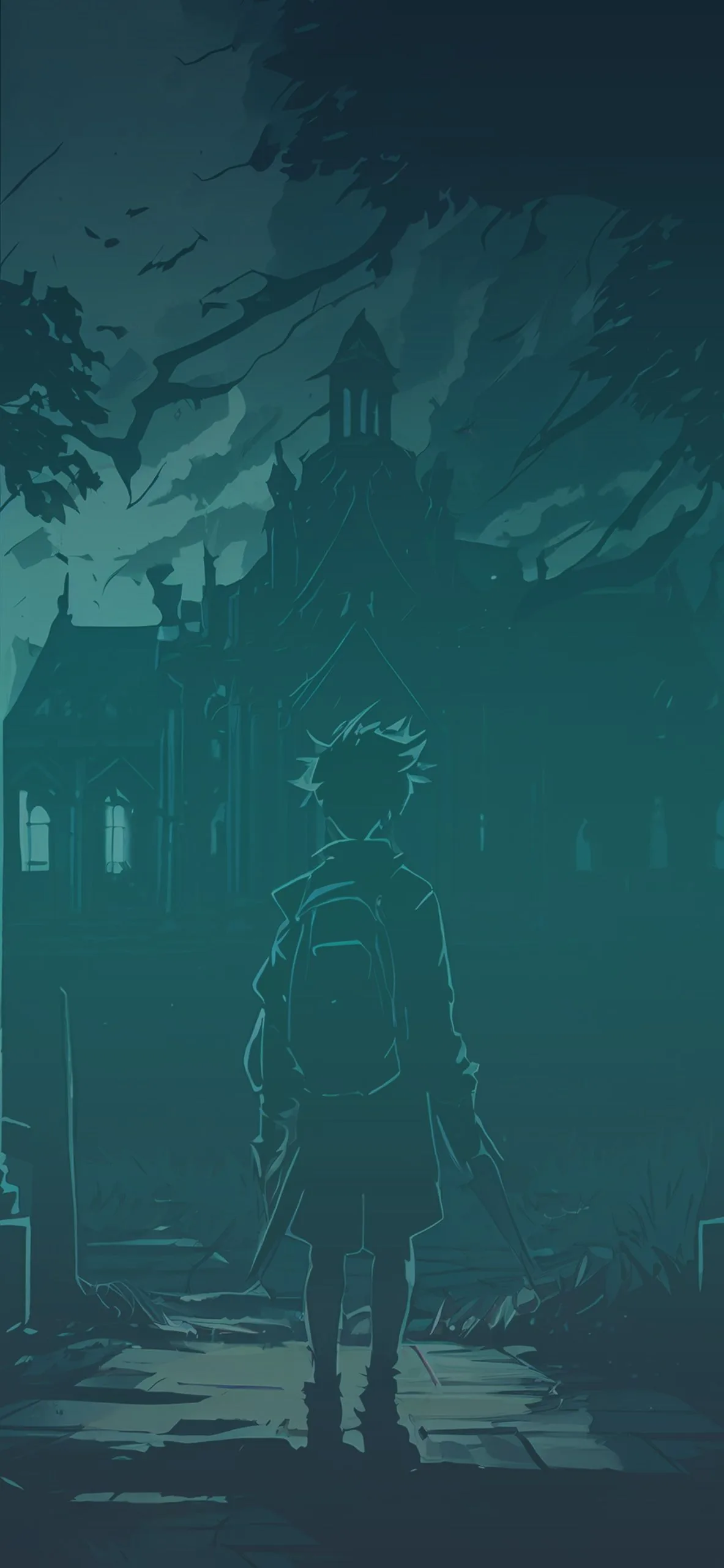 A tall vertical scene in teal and green fog: a small figure with a satchel stands on a broken path looking up at a spired house.
