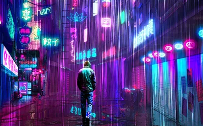 Man Walking a Rainy Neon Street HD Wallpaper