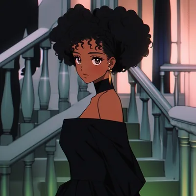 Afro Anime Girl on a Dark Staircase HD Wallpaper