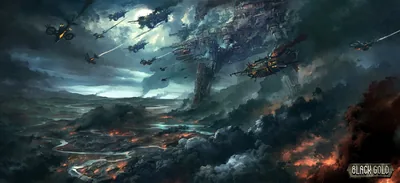 Airships Over a Burning Battlefield HD Wallpaper