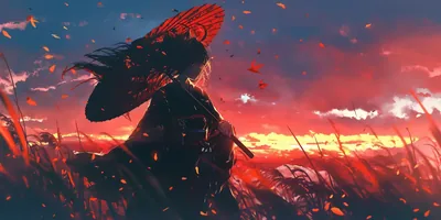 Samurai in a Red Straw Hat at Sunset HD Wallpaper