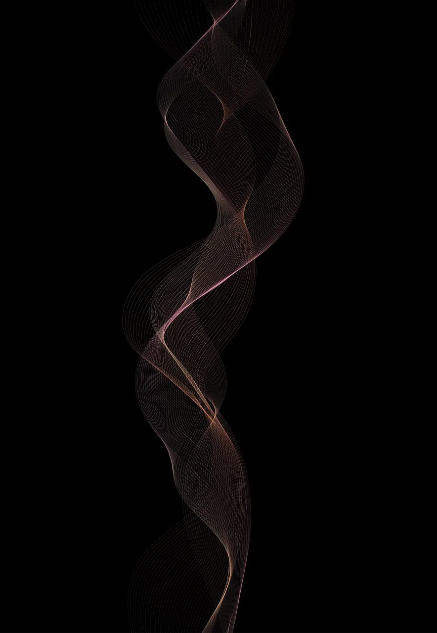 A single ribbon of dusty pink smoke twists up the middle of a tall frame, drawn from thousands of fine lines against solid black.