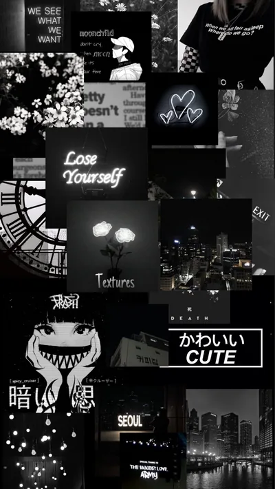 Grinning cartoon faces, small white hearts and city shots cut into black squares, a boxed CUTE label pulling the eye to the lower right.