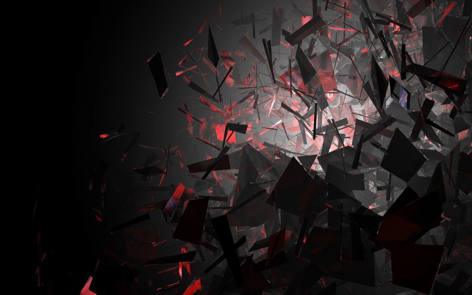 Fragments of dark glass burst apart in mid-air with red light glowing from behind them, the left corner left in near-total black.