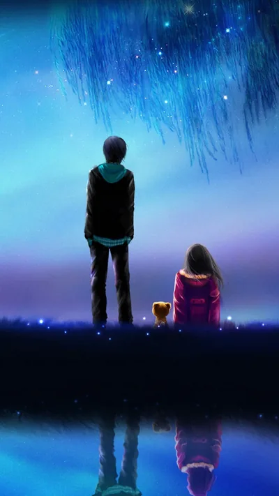 Boy and Girl at a Glowing Lake HD Phone Wallpaper