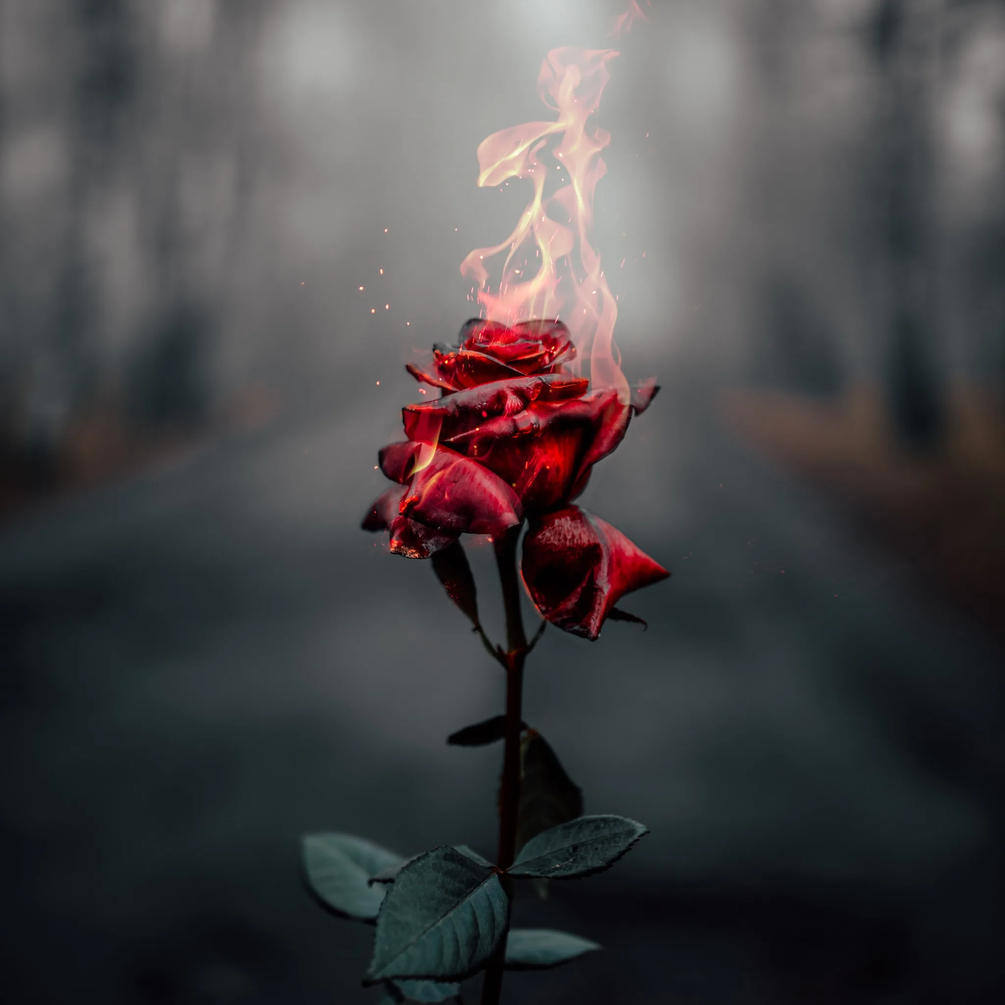 Rose flower Wallpaper 4K, Fire, Burning, Dark, Aesthetic
