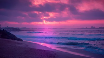 Hazy Purple Dusk on a City Beach HD Wallpaper
