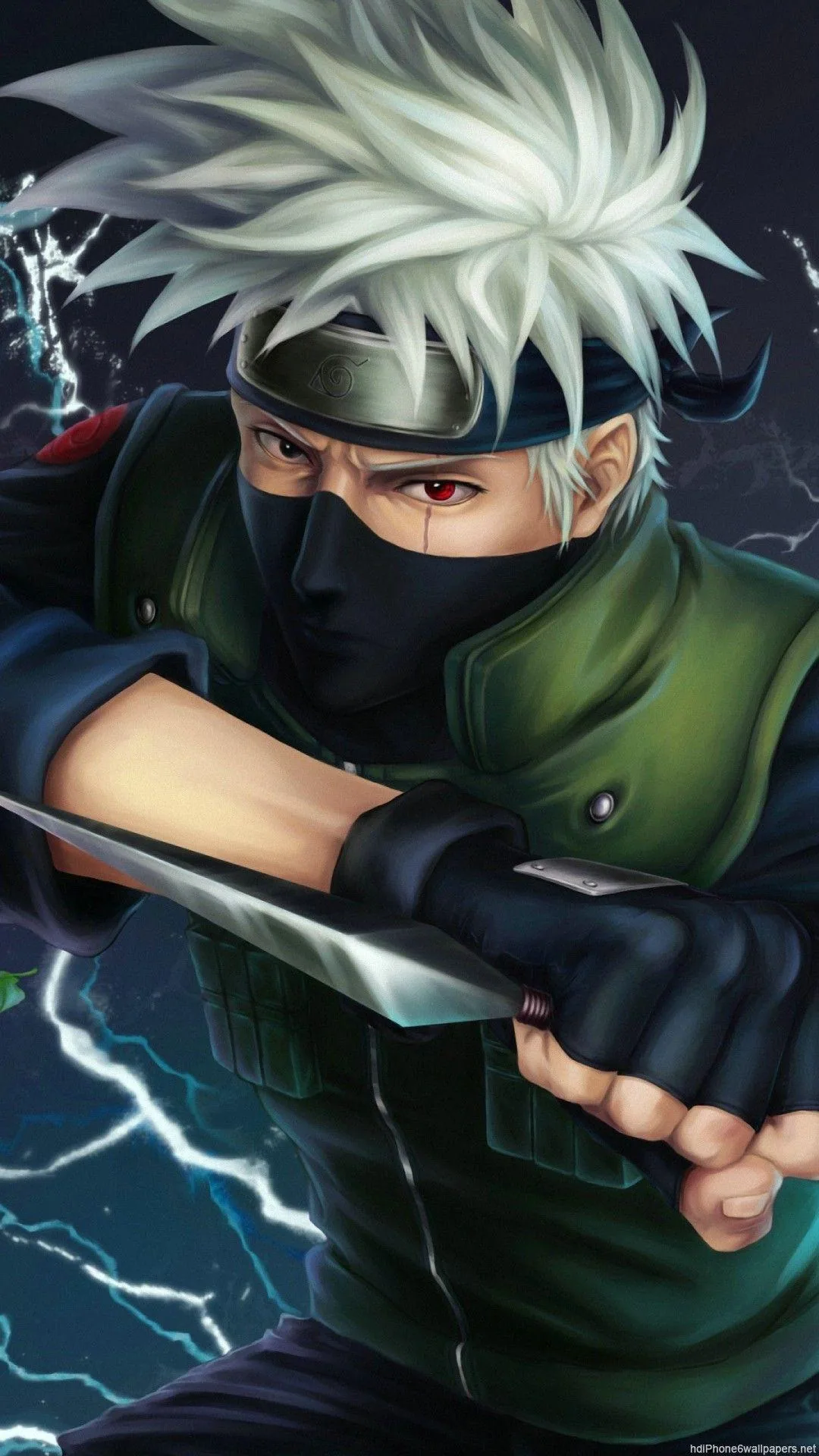 Kakashi pulls a kunai across his chest as white lightning crackles through the teal background behind his silver hair.