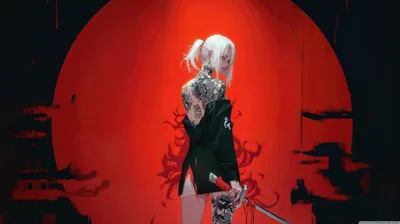White Haired Swordswoman Against a Red Moon HD Wallpaper