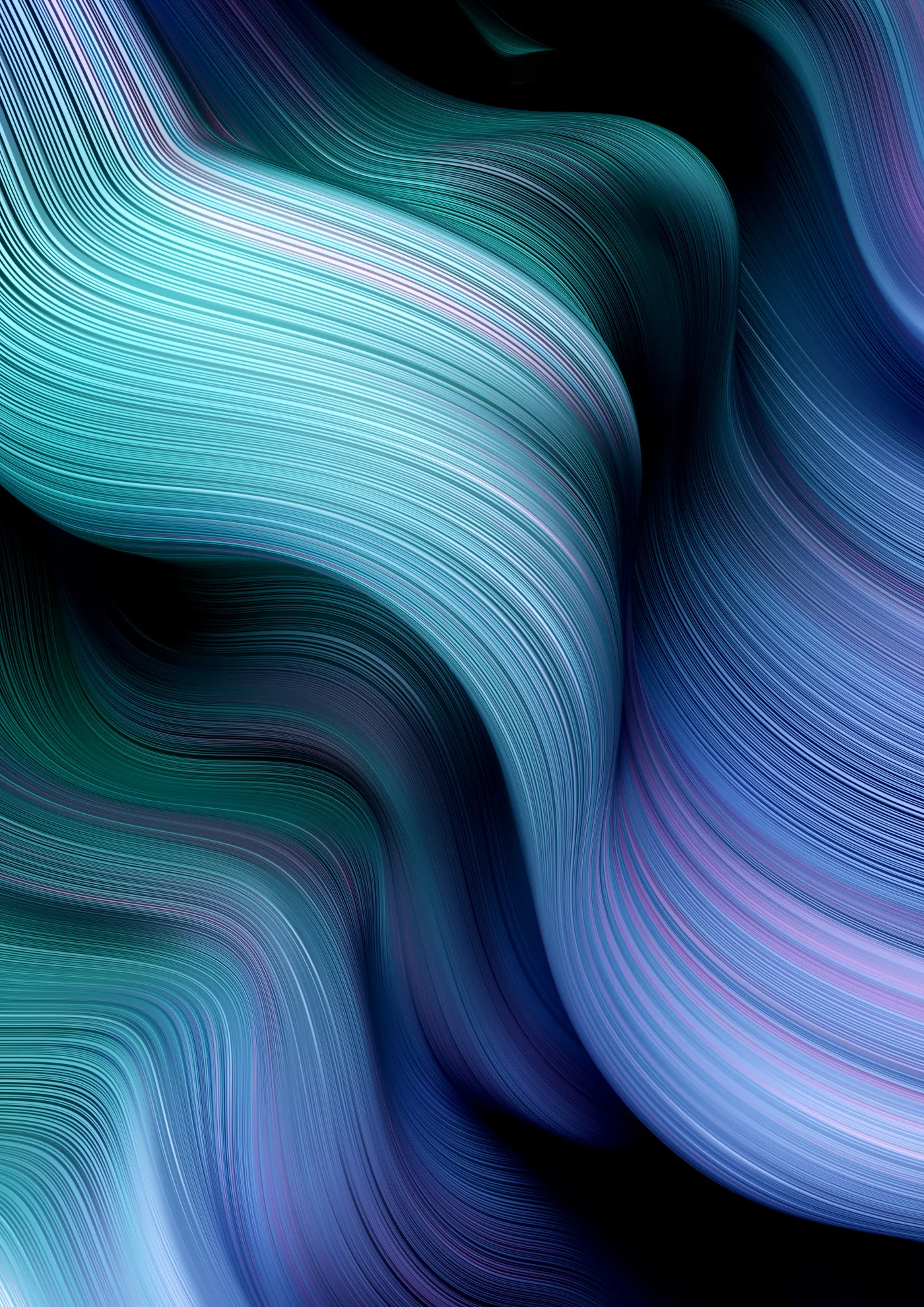 Combed hairline stripes sweep through the frame in thick waves, a pale mint crest crossing the middle between shadowed violet troughs.