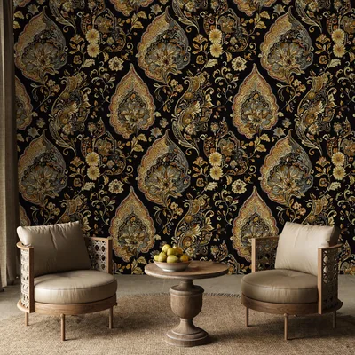 Vintage Paisley Wallpaper Elegant Black & Gold Floral Wall Mural