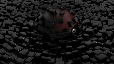 Black Cubes Around a Glowing Red Sphere HD Wallpaper