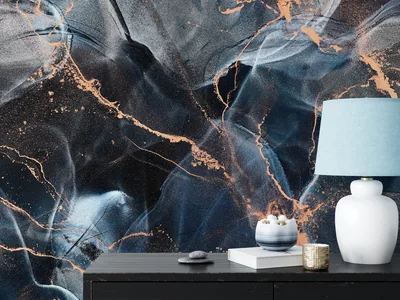 Negative Photo Effect Black And Blue Alcohol Ink Art Marble Wallpaper, Midnight Majesty