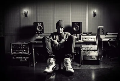 Hip Hop Artist in Studio Monochrome HD Wallpaper