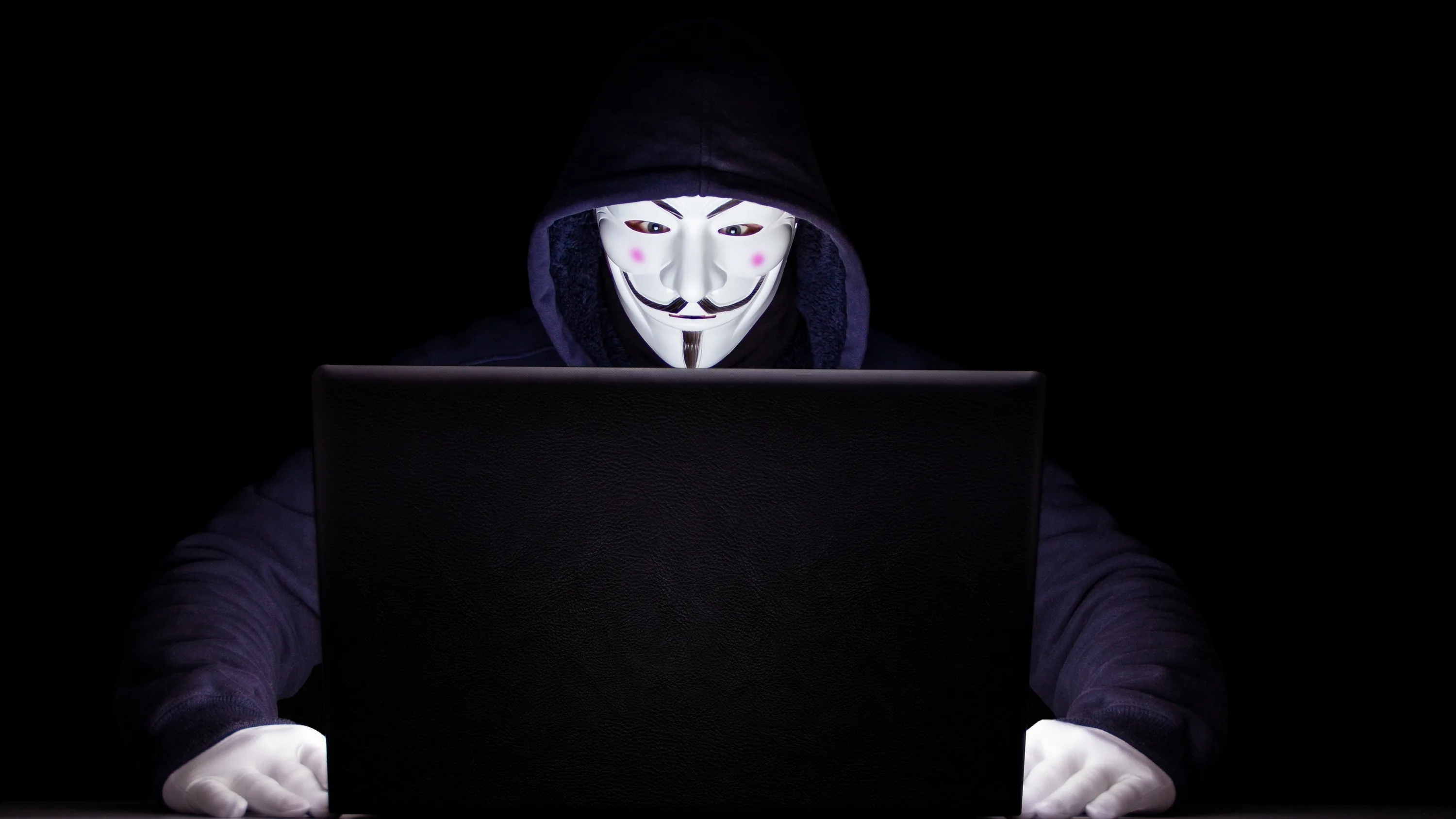 Anonymous Wallpaper 4K, Laptop, Hacker, Black background