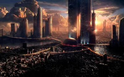 Future Skyline at Sunset HD Wallpaper