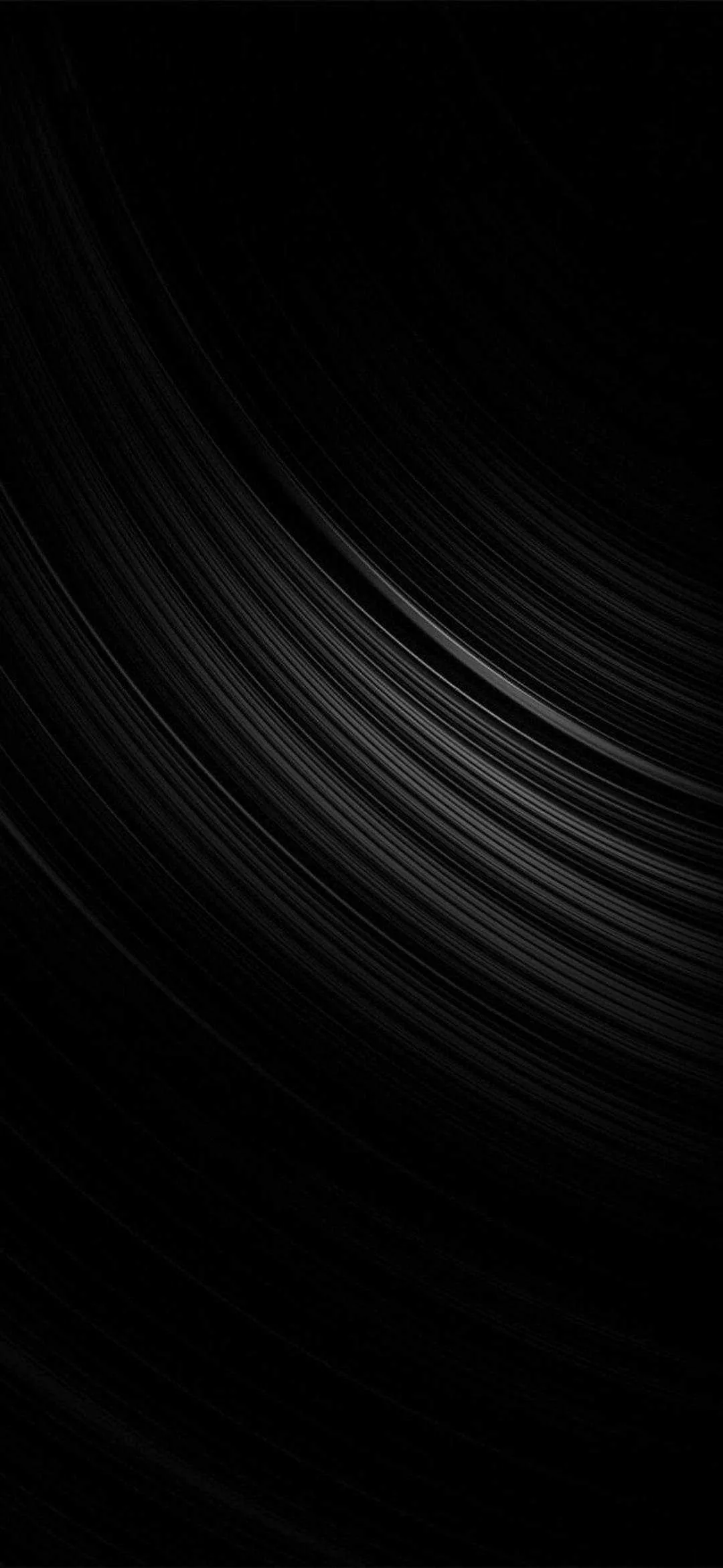 Hair-fine strands curve across the upper half like a brushed groove, leaving the bottom third pure black for docks and icons on OLED.