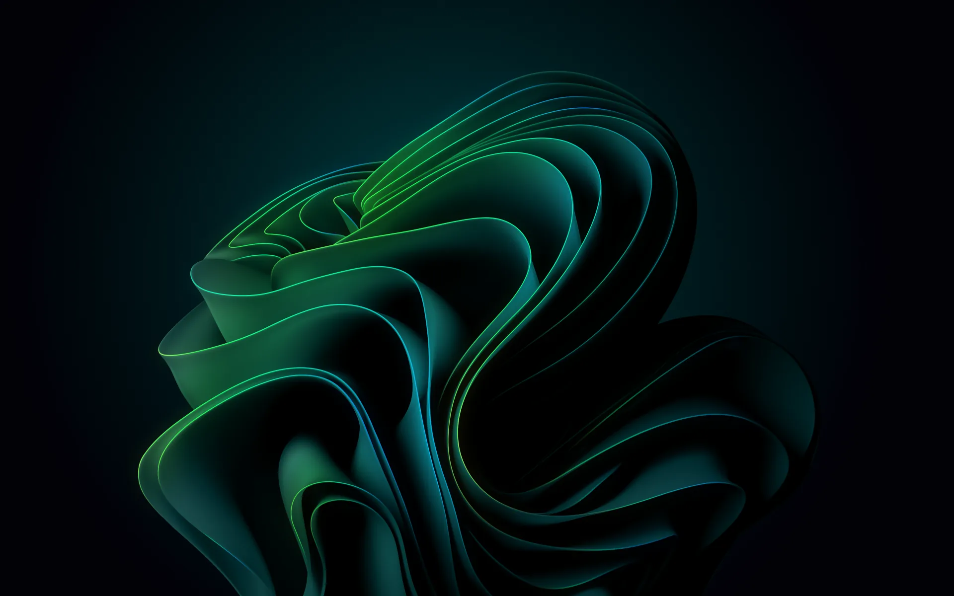 Folded ribbons in deep green and teal coil into a bloom shape on a dark navy ground.