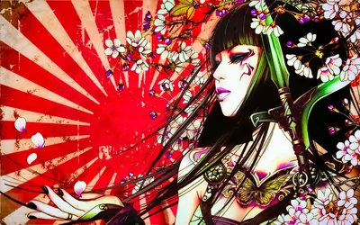Tattooed Geisha on a Rising Sun HD Wallpaper