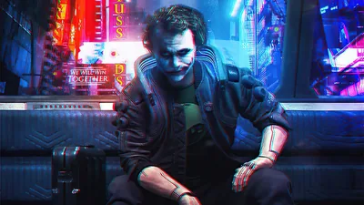 Cyberpunk Joker on a Metro Bench HD Wallpaper