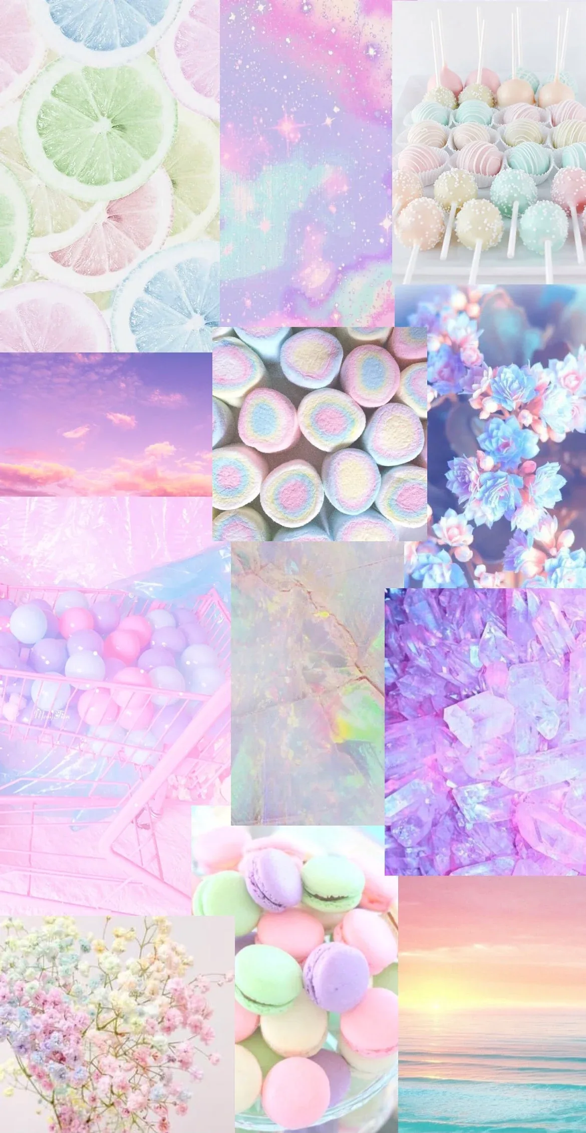 Macarons, marshmallows, lime slices and hydrangeas tile a tall grid in mint, lilac and pink, a small beach sunset closing one lower corner.