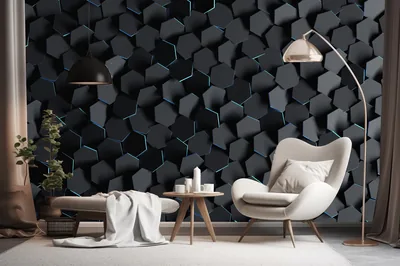 Blue-Lit Hexagon Wall with Armchair HD Wallpaper