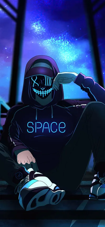 Neon Mask Boy Sitting Under Stars HD Phone Wallpaper