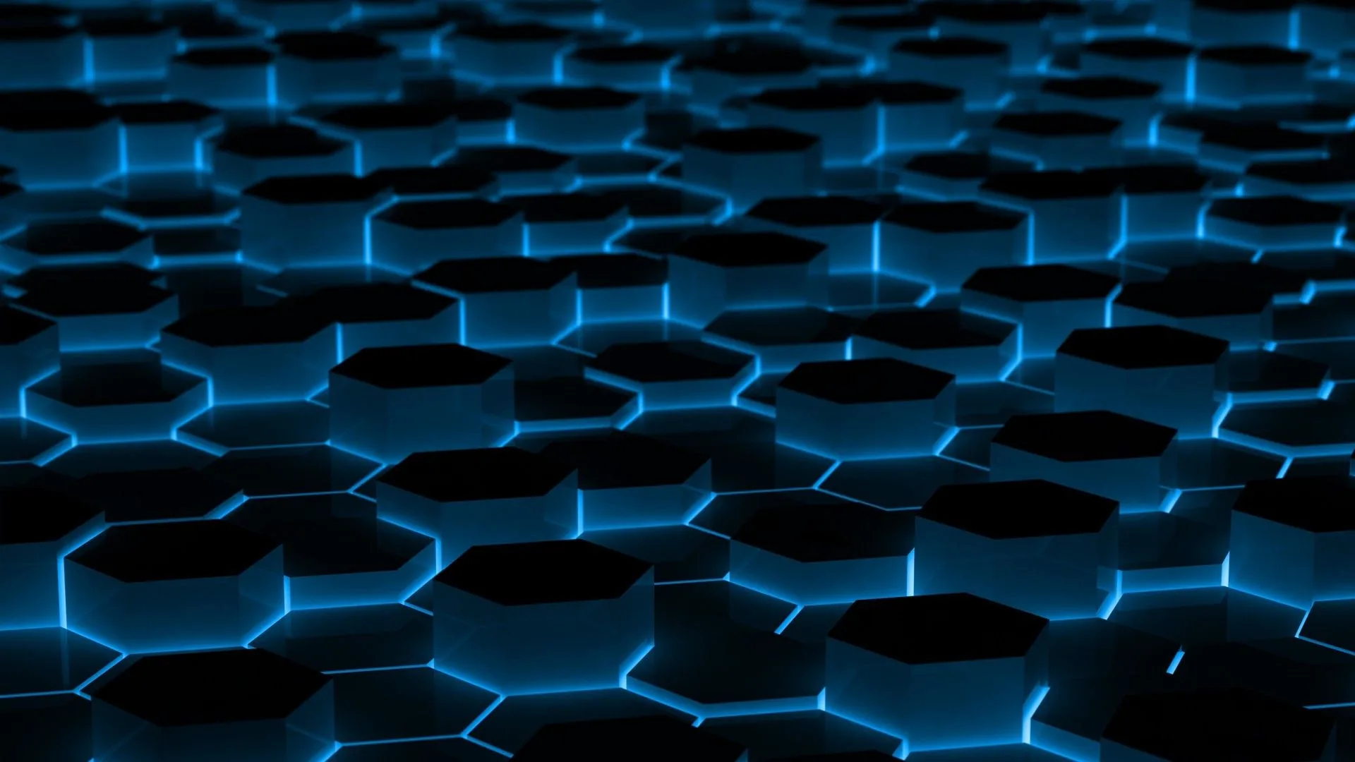 A floor of black hexagon tiles recedes toward the horizon, blue light rising from the seams between them and fading in the distance.