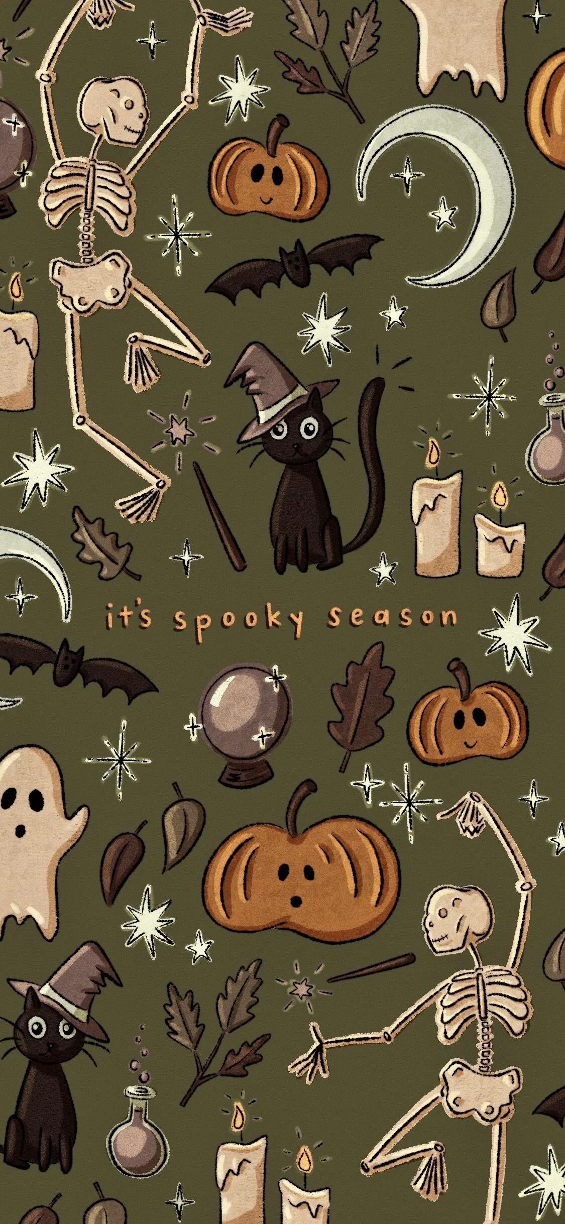 Skeletons kick up their heels beside black cats in witch hats, candles and pumpkins on olive green, with its spooky season lettered in script across the middle.