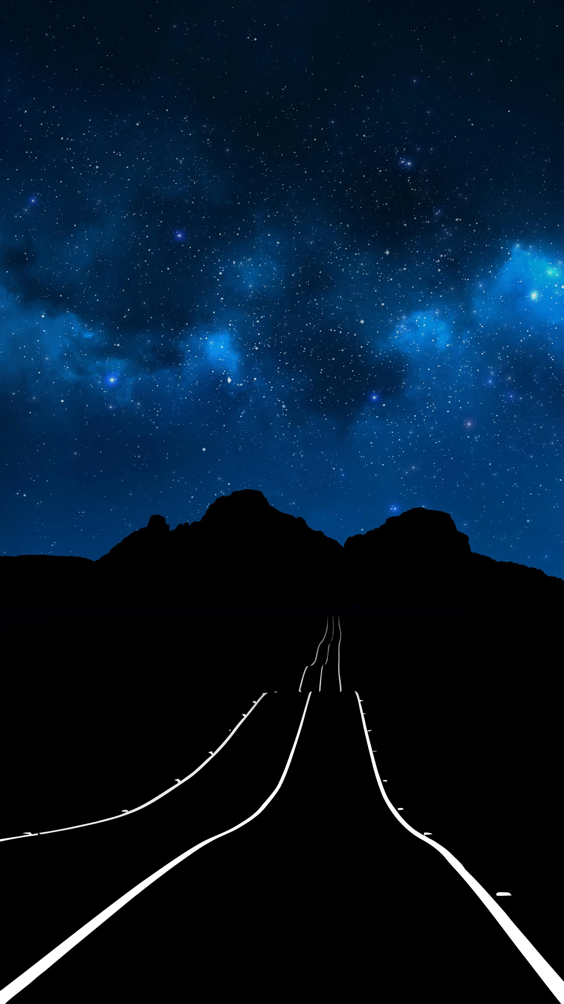 Painted road lines run toward black hills while the Milky Way spreads in blue and white above, silhouettes filling the lower half.