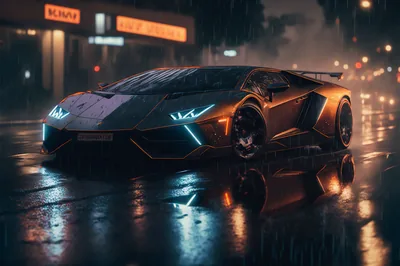 Aventador in the Rain on a Neon Street HD Wallpaper