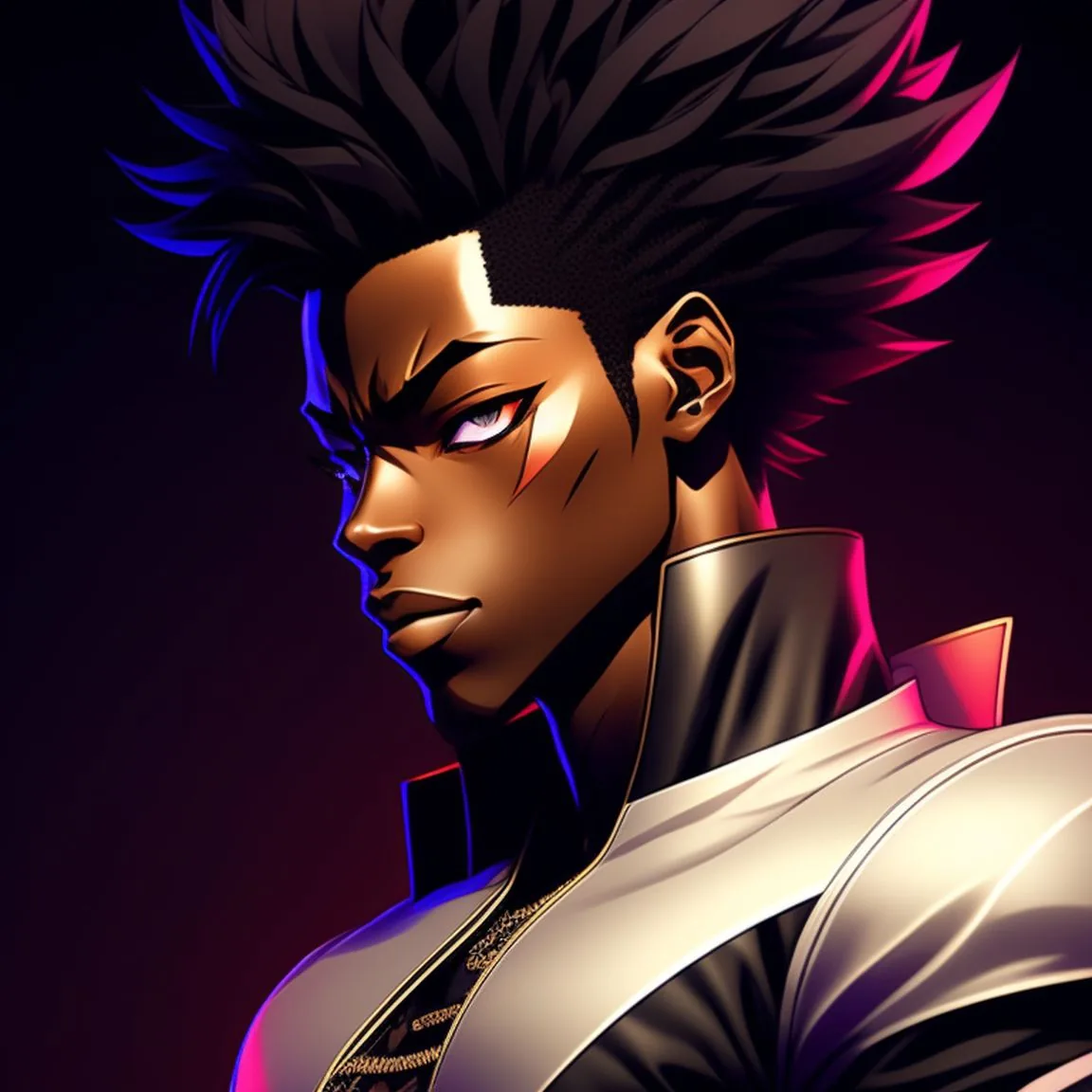 A side glance in a white and black jacket, magenta light catching the tips of the hair and the gradient falling to plum in the corners.